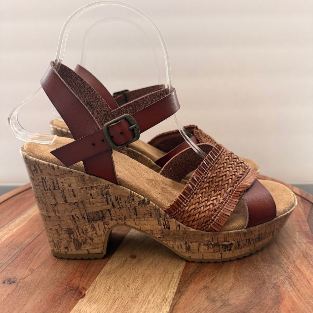 Jellpop Sharna Brown Woven Fringe Womens 8M Cork Platform Wedge Sandals